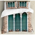 thumbnail image 1 of Venice Duvet Cover Set, Traditional Gothic Style Windows with Flower Pots on Brick Wall, Decorative 3 Piece Bedding Set with 2 Pillow Shams, King Size, Pale Brown White Blue, by Ambesonne, 1 of 3