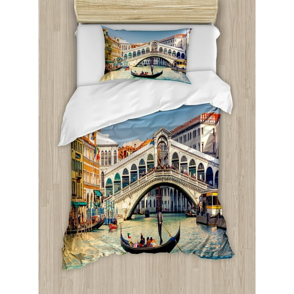 Venice Duvet Cover Set Twin Size, Cityscape on a Sunny Day with Rialto Bridge Venetian Grand Canal Travel Destination, Decorative 2 Piece Bedding Set with 1 Pillow Sham, Multicolor, by Ambesonne