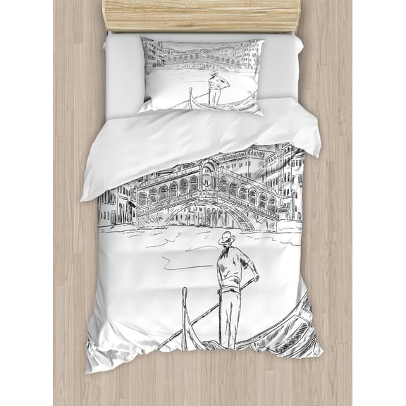 Venice Duvet Cover Set Twin Size, Rialto Bridge with Gondola Romantic Italian Landmark Inspired Sketchy Cityscape, Decorative 2 Piece Bedding Set with 1 Pillow Sham, Black White, by Ambesonne