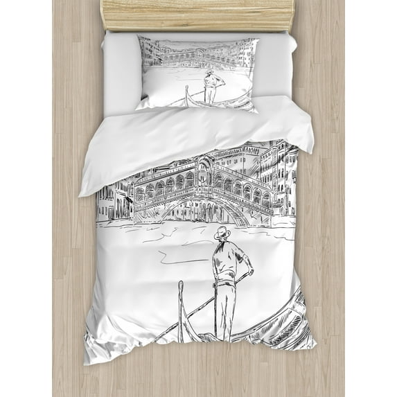 Venice Duvet Cover Set Twin Size, Rialto Bridge with Gondola Romantic Italian Landmark Inspired Sketchy Cityscape, Decorative 2 Piece Bedding Set with 1 Pillow Sham, Black White, by Ambesonne