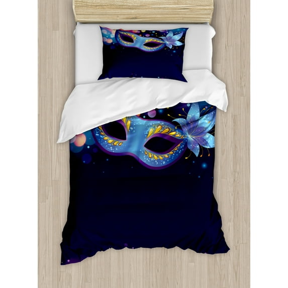 Venice Duvet Cover Set Twin Size, Vivid Blue Carnival Mask with Ornate Flower and Colorful Dots Masquerade Tradition, Decorative 2 Piece Bedding Set with 1 Pillow Sham, Multicolor, by Ambesonne