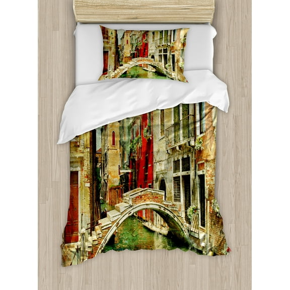 Venice Duvet Cover Set, Vintage Art Painting Style Historic Venetian Landscape Print, Decorative 2 Piece Bedding Set with 1 Pillow Shams, Twin Size, Green Red Pale Brown, by Ambesonne