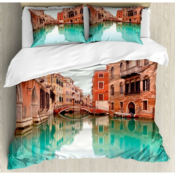Venice Duvet Cover Set, Water Canal and Bridge Typical Venetian Architecture Buildings and a Boat, Decorative 3 Piece Bedding Set with 2 Pillow Shams, King Size, Turquoise Cinnamon, by Ambesonne