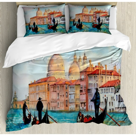 Venice Duvet Cover Set, Watercolor Painting of Venice Serene Cityscape Antique Gondolas Scenic, Decorative 3 Piece Bedding Set with 2 Pillow Shams, Calking Size, Peach Pale Blue Red, by Ambesonne