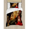 thumbnail image 1 of Venice Duvet Cover Set, Young Woman with a Red Cloak and Carnival Riding on Antique Gondola, Decorative 2 Piece Bedding Set with 1 Pillow Shams, Twin Size, Red Black Pale Brown, by Ambesonne, 1 of 3
