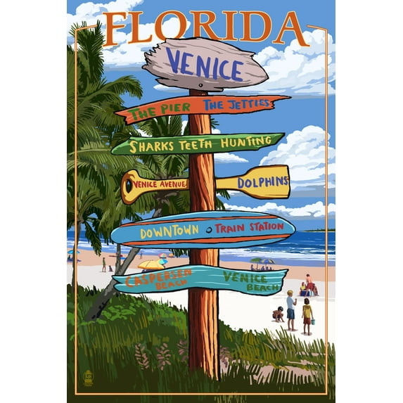Venice, Florida, Sign Post (24x36 Giclee Gallery Art Print, Vivid Textured Wall Decor)