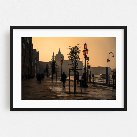 Venice Golden Hour - Giudecca Island Quay - Veneto Italy Photography Sunset City Architecture Street Photography Harbor Travel Poster Scenic Black Framed Wall Art Print 5 x 7 inches