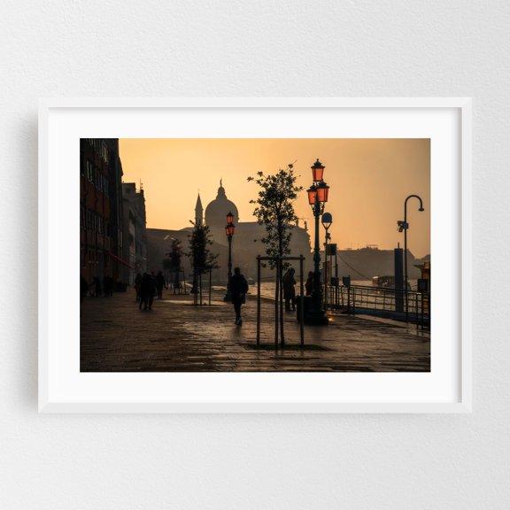 Venice Golden Hour - Giudecca Island Quay - Veneto Italy Photography Sunset City Architecture Street Photography Harbor Travel Poster Scenic White Framed Wall Art Print 5 x 7 inches