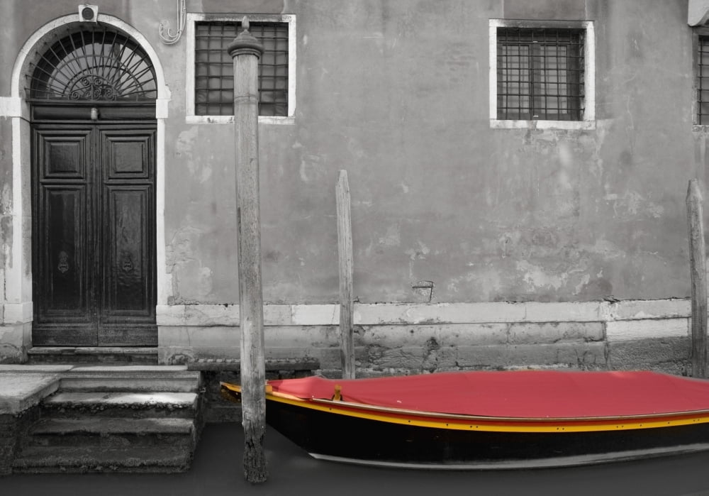 Venice Italy A Small Boat With A Red Cover On A Canal Canvas Art - Philippe Widling Design Pics (18 x 13)
