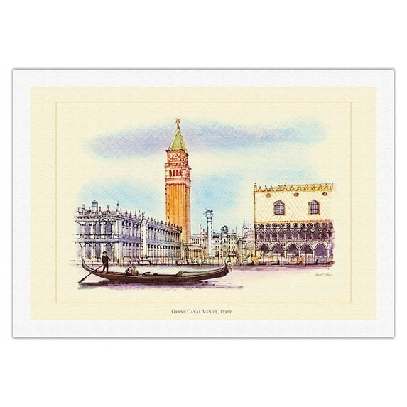 Venice Italy - Grand Canal - Gondola - Vintage Airline Travel Poster by David Klein c.1960s - Fine Art Rolled Canvas Print 27in x 40in