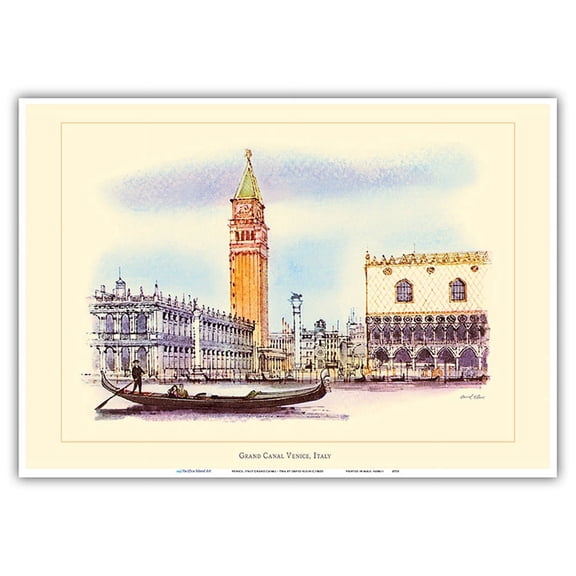 Venice Italy - Grand Canal - Gondola - Vintage Airline Travel Poster by David Klein c.1960s - Master Art Print 10in x 14in