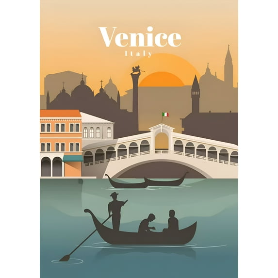 Venice Italy Poster Gondola Scene Travel Wall Art for Home or Cafe, UNFRAMED 8x12