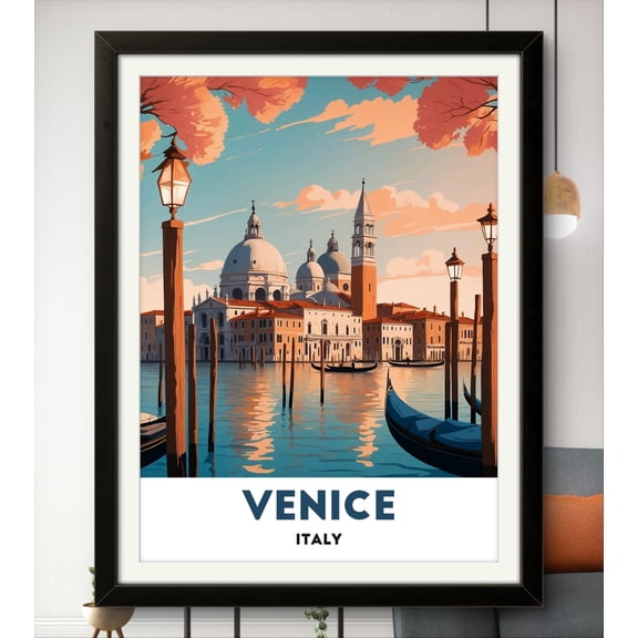 Venice Italy Poster Romantic Gondola Ride Grand Canal View Venetian Architecture Wall Art , Poster Only