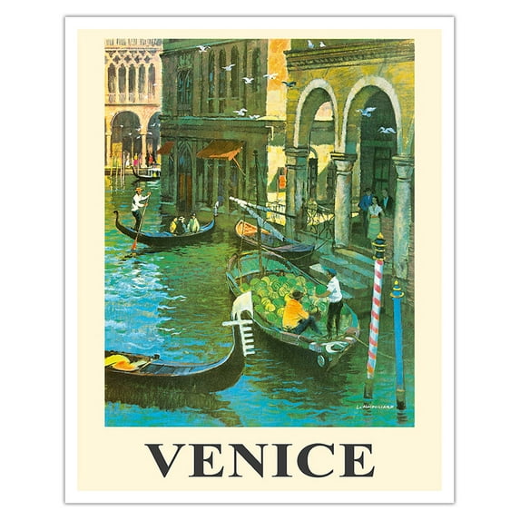 Venice Italy - Venetian Canals - Gondolas - Vintage Travel Poster by Louis Macouillard c.1950s - Fine Art Matte Paper Print (Unframed) 16x20in