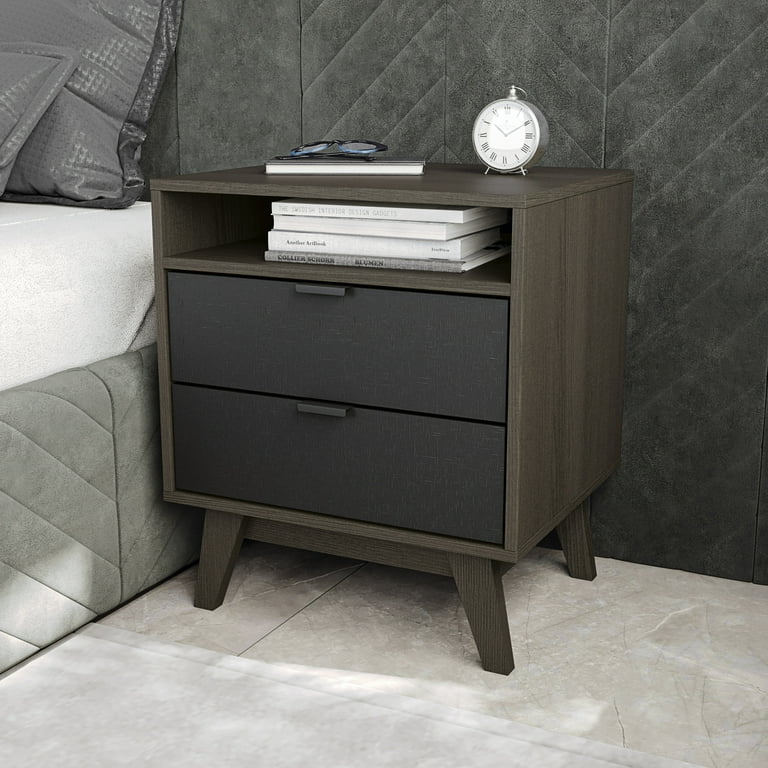 Venice Modern 2 Drawer Nightstand with Niche - Dark Brown/Black Melamine  Finish, for Bedroom - 24.4 in. H x 21.2 in. W x 17.7 in. D 