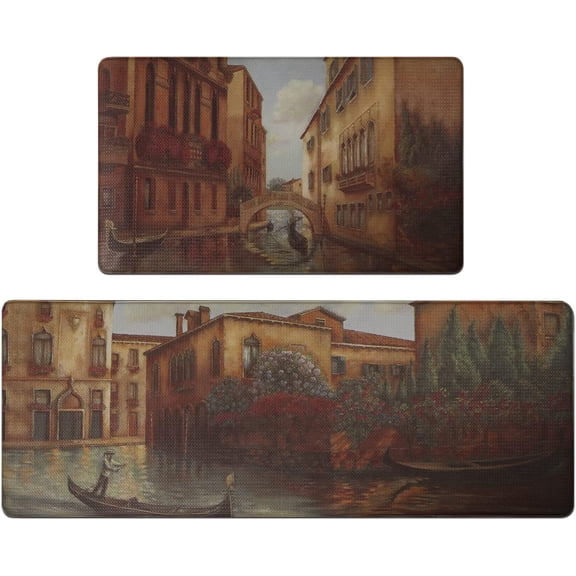 Venice Painting Kitchen Rugs and Mats Set of 2, Cushioned Kitchen Floor Mat, Non Slip Waterproof Kitchen Rug Set Comfort Standing Mats, 17"x47"+17"x29"