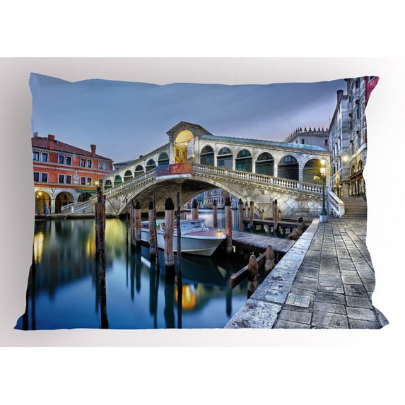 Venice Pillow Sham Morning Twilight Grand Canal Rialto Bridge Water Reflection Scenic Urban, Decorative Standard Queen Size Printed Pillowcase, 30 X 20 Inches, Silver Blue Cinnamon, by Ambesonne