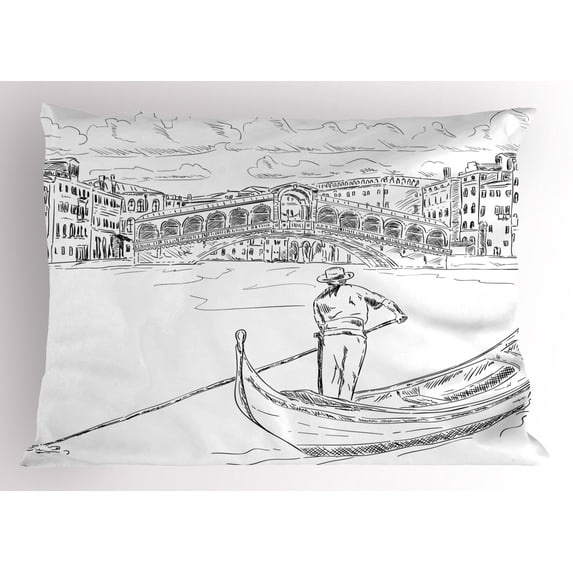 Venice Pillow Sham Rialto Bridge with Gondola Romantic Italian Landmark Inspired Sketchy Cityscape, Decorative Standard King Size Printed Pillowcase, 36 X 20 Inches, Black White, by Ambesonne