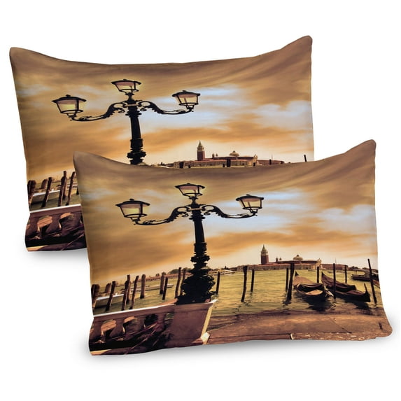 Venice Pillow Sham Set of 2, Venice Lagoon Gondolas Moored by Saint Mark Square on Grand Canals Dreamy Sky, Quality Microfiber Bedding Item for All Seasons, 26" x 20", Pale Brown Black, by Ambesonne