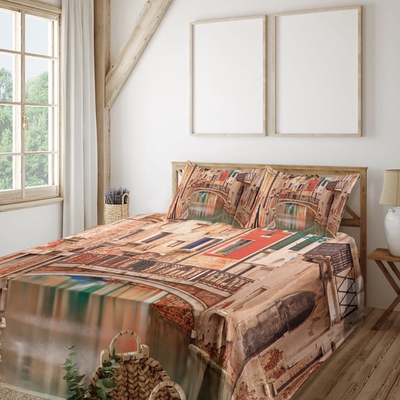 Ambesonne Venice Fitted & Top Sheet Set with Shams, Old Town Stone Bridge, Sand Brown Brown Red