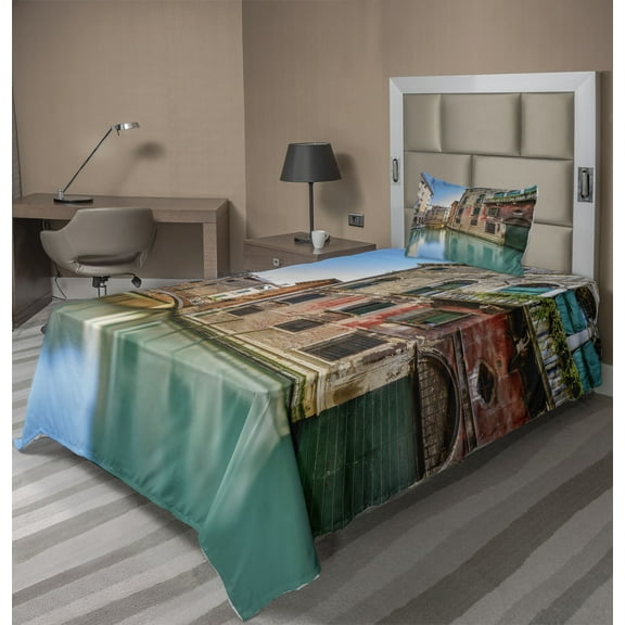 Ambesonne Venice Fitted & Top Sheet Set with Sham, Italy City Water Canal, Teal Grey Red