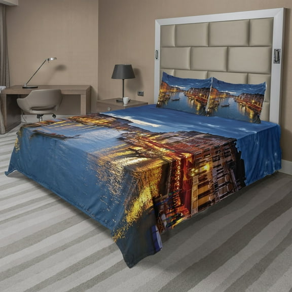 Ambesonne Venice Fitted & Top Sheet Set with Shams, View on Grand Canal Rialto, Indigo and Yellow
