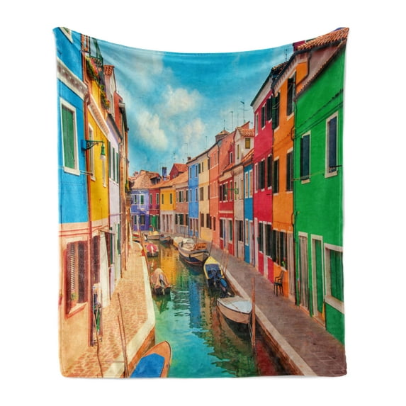 Venice Soft Flannel Fleece Blanket, Colorful Buildings and Water Canal with Boats Burano Island in the Venetian Lagoon, Cozy Plush for Indoor and Outdoor Use, 70" x 90", Multicolor, by Ambesonne