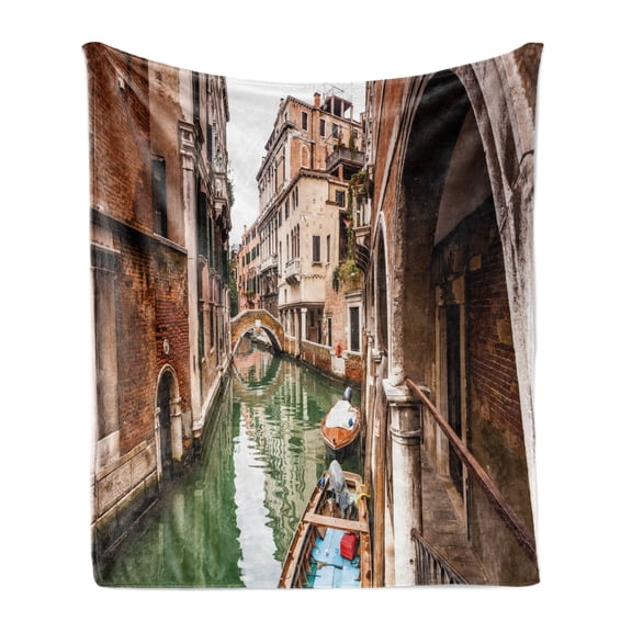Venice Soft Flannel Fleece Blanket, Famous Water Canals in Italy Boats Bridge Brickwork Architecture Old City, Cozy Plush for Indoor and Outdoor Use, 70" x 90", Cinnamon Jade Green, by Ambesonne