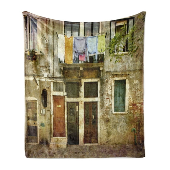 Venice Soft Flannel Fleece Blanket, Old Weathered Building Facade with Hanged Clothes Murano Island Grunge Architecture, Cozy Plush for Indoor and Outdoor Use, 50" x 60", Multicolor, by Ambesonne