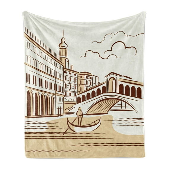 Venice Soft Flannel Fleece Blanket, Stencil Art Display of Tranquil Venetian Landscape Bridge Buildings and Gondola, Cozy Plush for Indoor and Outdoor Use, 50" x 70", Burgundy Cream, by Ambesonne