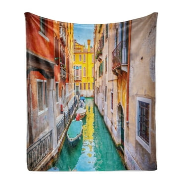 Venice Soft Flannel Fleece Blanket, Vibrant Colorful Venice View Canal Buildings Gondolas Green Water Romantic Landmark, Cozy Plush for Indoor and Outdoor Use, 70" x 90", Multicolor, by Ambesonne