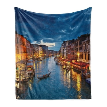 Venice Soft Flannel Fleece Blanket, View on Grand Canal from Rialto Bridge at Dusk European Italy Scenery Print, Cozy Plush for Indoor and Outdoor Use, 50" x 60", Indigo and Yellow, by Ambesonne