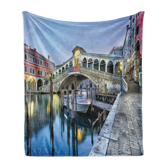 Venice Soft Flannel Fleece Throw Blanket, Morning Twilight Grand Canal Rialto Bridge Water Reflection Scenic Urban, Cozy Plush for Indoor and Outdoor Use, 50" x 60", Grey Blue Cinnamon, by Ambesonne