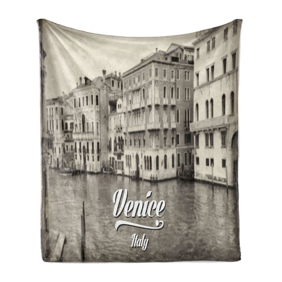 Venice Soft Flannel Fleece Throw Blanket, Old Photo of Venice Italian City Vintage Filter Effect and Lettering History Memory, Cozy Plush for Indoor and Outdoor Use, 50" x 60", Eggshell, by Ambesonne
