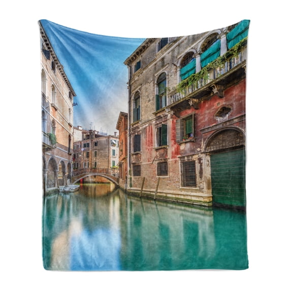 Venice Soft Flannel Fleece Throw Blanket, Traditional Italian Water Canal Romantic Cityscape Famous Travel Destination, Cozy Plush for Indoor and Outdoor Use, 50" x 60", Teal Grey Red, by Ambesonne