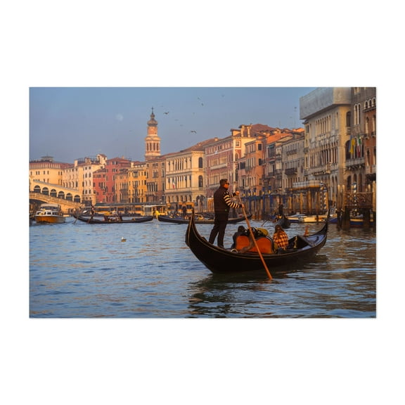 Venice Sunset - Grand Canal - Towards Rialto Bridge - Gondolier - Veneto Italy Photography Cityscape Architecture Travel Poster Boat Unframed Wall Art Print 4 x 6 inches