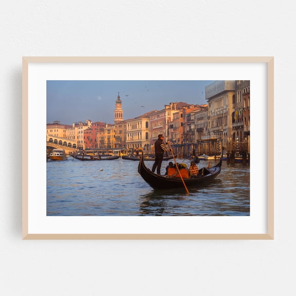 Venice Sunset - Grand Canal - Towards Rialto Bridge - Gondolier - Veneto Italy Photography Gondola Water Cityscape Architecture Travel Poster Boat Oak Framed Wall Art Print 5 x 7 inches