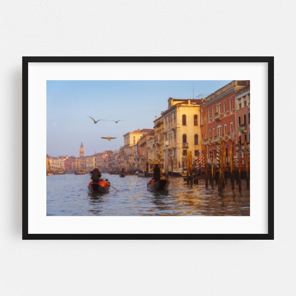 Venice Sunset - Grand Canal - Towards Rialto Bridge - Gondoliers - Veneto Italy Photography Black Framed Wall Art Print 16 x 24 inches
