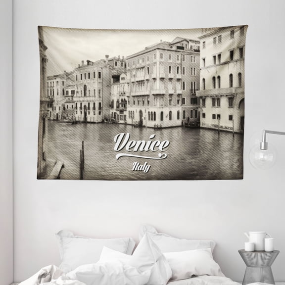 Venice Tapestry, Old Photo of Venice Italian City Vintage Filter Effect and Lettering History Memory, Wall Hanging for Bedroom Living Room Dorm Decor, 80W X 60L Inches, Eggshell, by Ambesonne