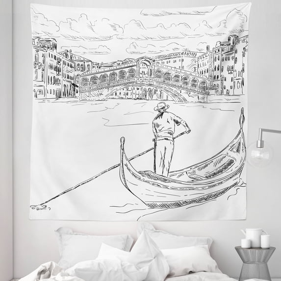 Venice Tapestry, Rialto Bridge Gondola Romantic Italian Landmark Inspired Sketchy Cityscape, Fabric Wall Hanging Decor for Bedroom Living Room Dorm, 5 Sizes, Black White, by Ambesonne
