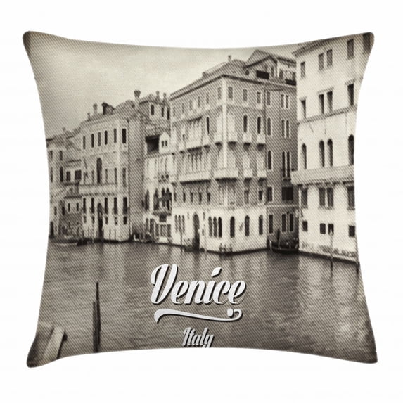Venice Throw Pillow Cushion Cover, Old Photo of Venice Italian City Vintage Filter Effect and Lettering History Memory, Decorative Square Accent Pillow Case, 18 X 18 Inches, Eggshell, by Ambesonne