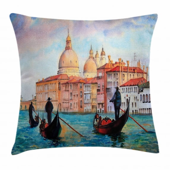 Venice Throw Pillow Cushion Cover, Watercolor Painting of Venice Serene Cityscape Antique Gondolas Scenic, Decorative Square Accent Pillow Case, 20 X 20 Inches, Peach Light Blue Red, by Ambesonne