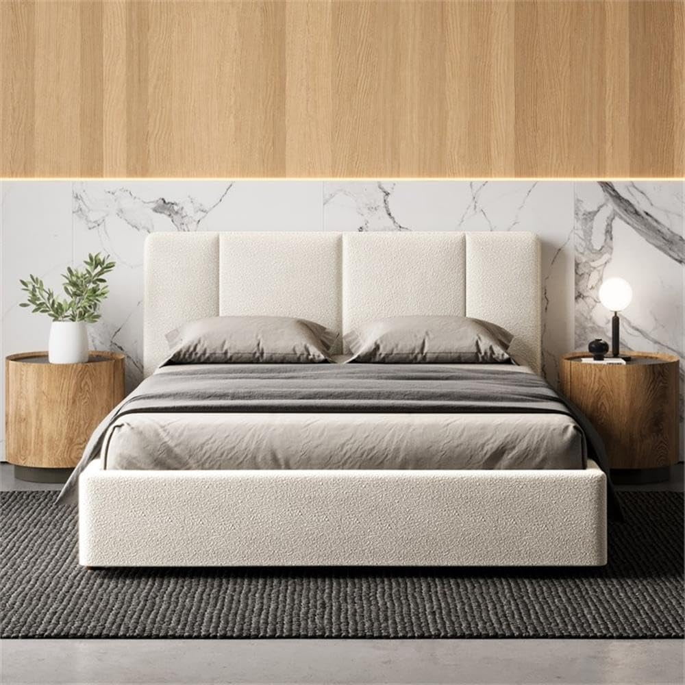 Cream Beige Boucle Upholstered Queen Bed with Tufted Headboard