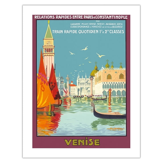 Venice (Venise) Italy - Venetian Grand Canal - Fast Train Daily (Train Rapide Quotidien) - Vintage Railroad Travel Poster by Géo Dorival c.1921 - Bamboo Fine Art 290gsm Paper (Unframed) 17x22in