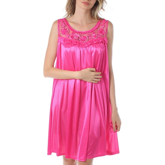 Venice Women's Silky Looking Nightgown w Sequins & Ribbon Roses 40N 3X-Large Bright Pink
