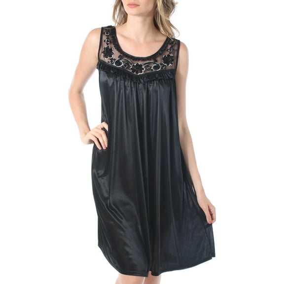 Venice Women's Silky Looking Nightgown w Sequins & Ribbon Roses 40N Medium Black