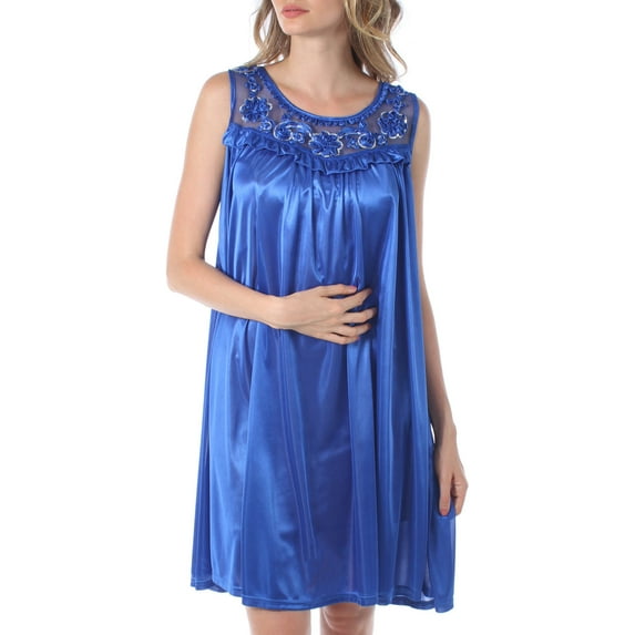 Venice Women's Silky Looking Nightgown w Sequins & Ribbon Roses 40N Medium Royal Blue