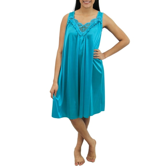 Venice Womens' Silky Looking Embroidered Nightgown 06 Large Steel Blue
