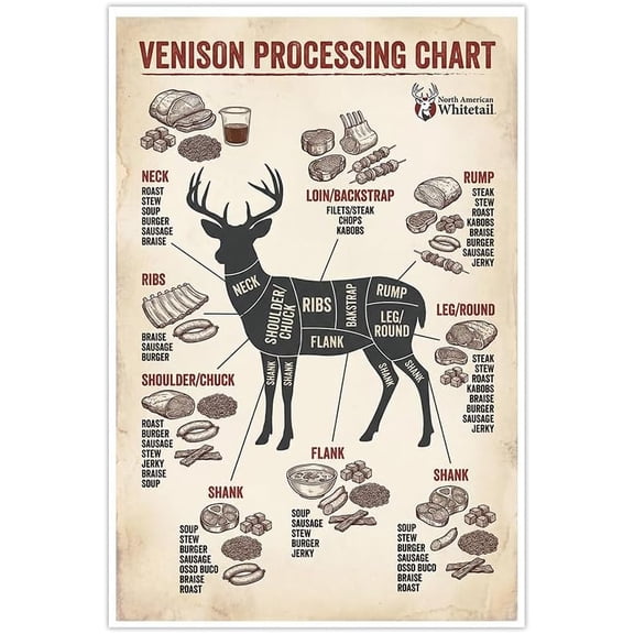 Venison Processing Chart Wall Art Poster Decorative Prints for Hunting Enthusiasts Kitchen Decor Guide for Cooking Venison Parts Ideal Gift for Outdoor Lovers--