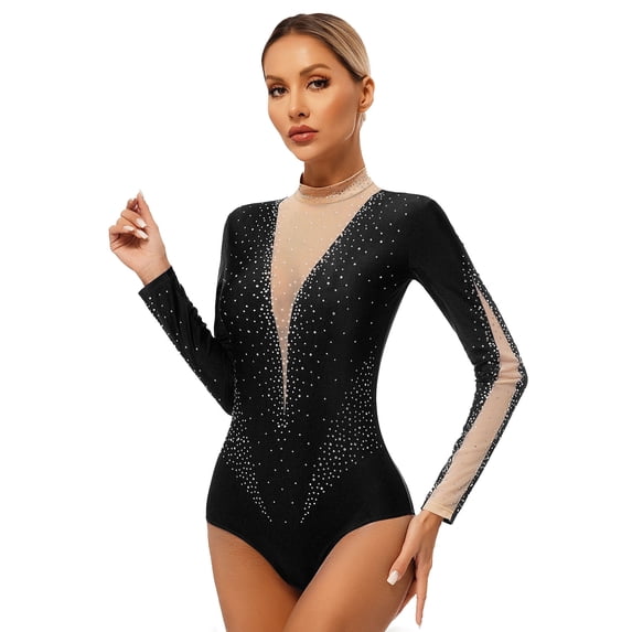 Venjoe Adult Mock Neck Long Sleeve Leotard Shiny Rhinestone Ballet Dance Bodysuit for Women Black XXL